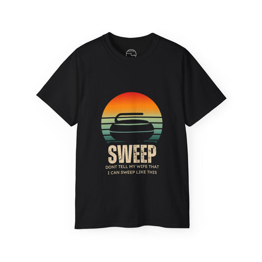 Vintage Retro Sunset Curling T-Shirt – Colorful 'SWEEP' Design | 'Don’t Tell My Wife I Can Sweep Like This' | Unisex 100% Ring-Spun Cotton