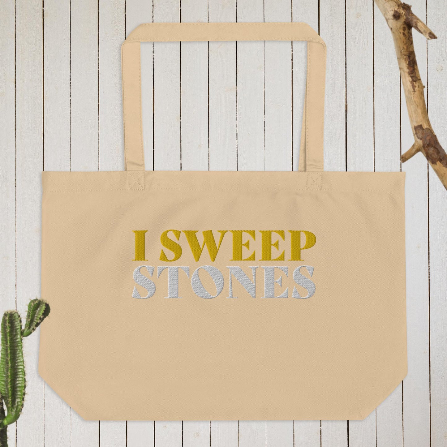 Large Organic Cotton Tote Bag – 20″ × 14″ × 5″ with ‘I SWEEP STONES’ Embroidery | Durable, Eco-Friendly & Spacious