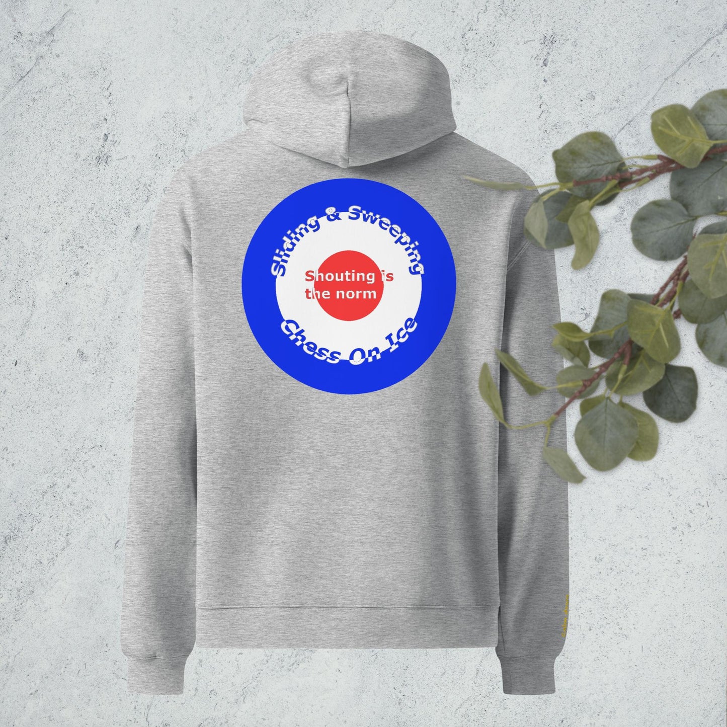 Curling oversized hoodie with embroidered encouragement on the sleeve and curling house printed on the back