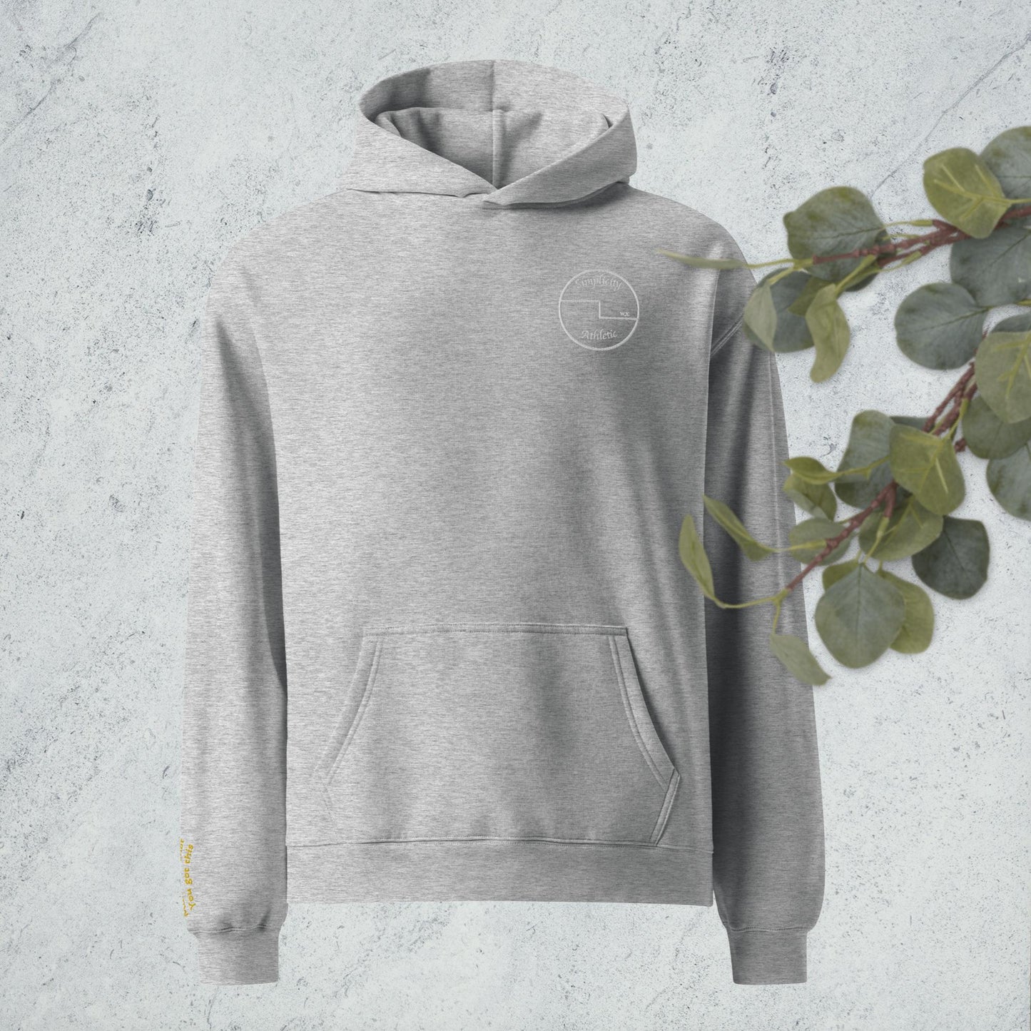 Curling oversized hoodie with embroidered encouragement on the sleeve and curling house printed on the back