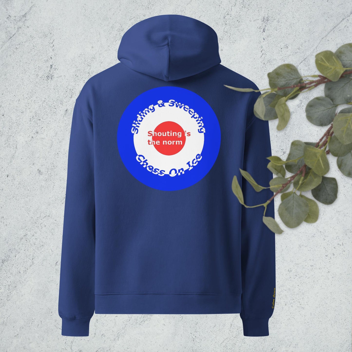 Curling oversized hoodie with embroidered encouragement on the sleeve and curling house printed on the back