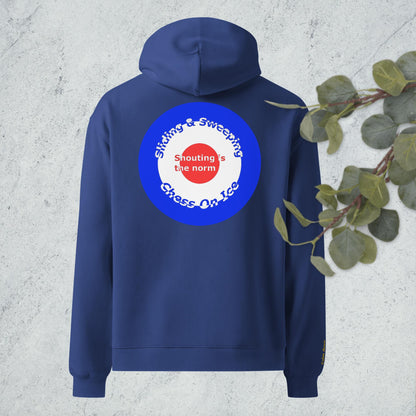 Curling oversized hoodie with embroidered encouragement on the sleeve and curling house printed on the back