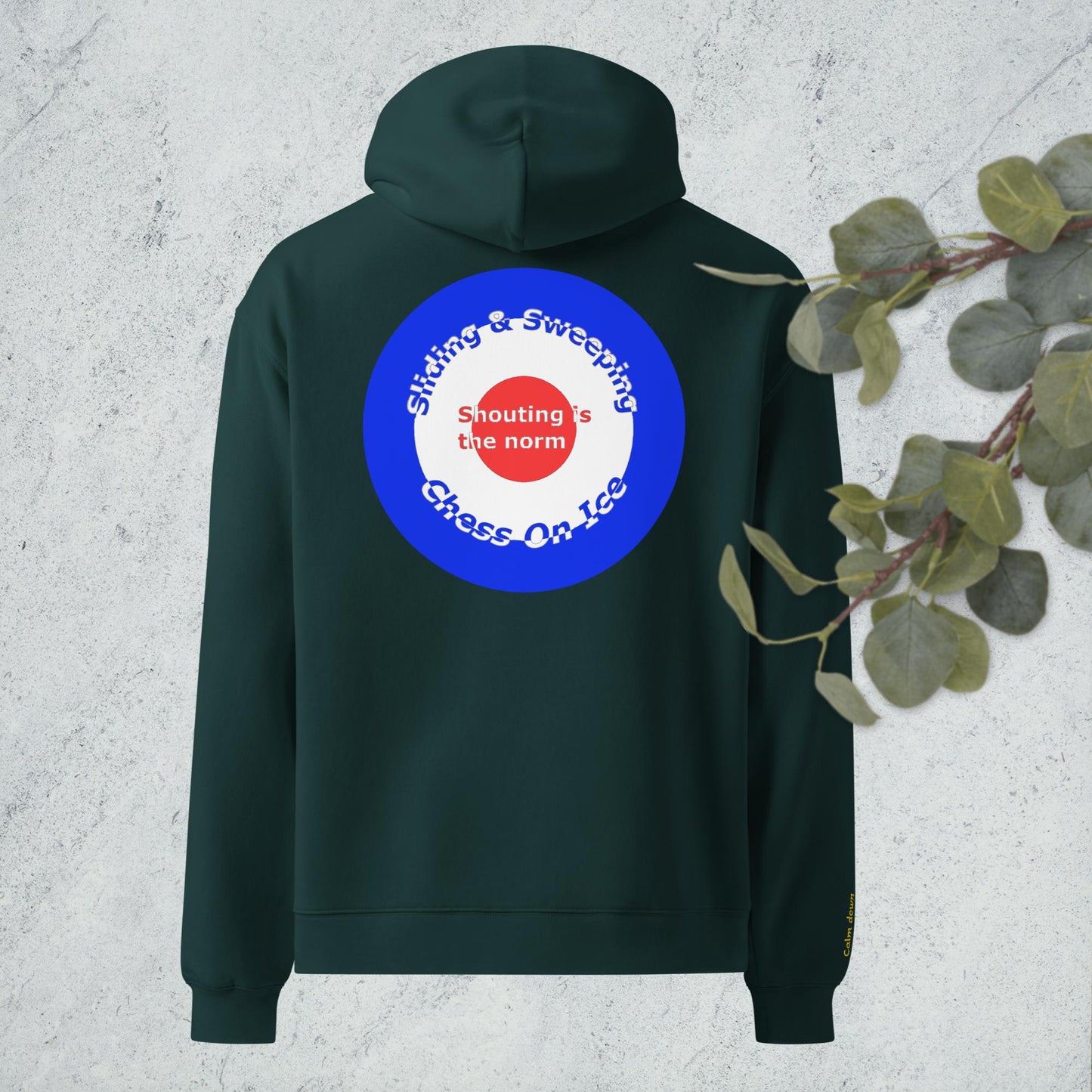 Curling oversized hoodie with embroidered encouragement on the sleeve and curling house printed on the back