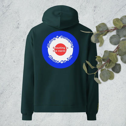 Curling oversized hoodie with embroidered encouragement on the sleeve and curling house printed on the back