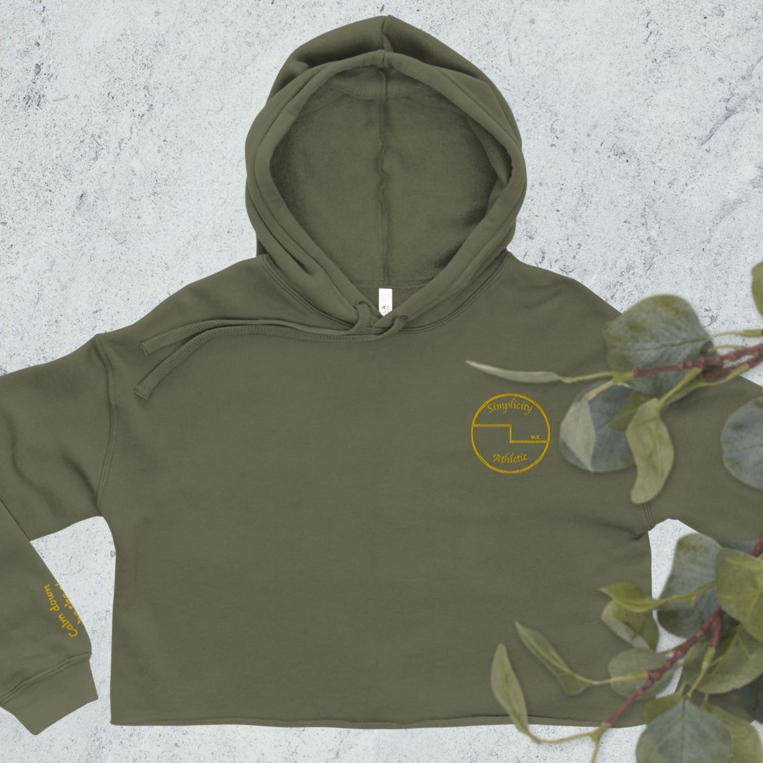 Military Green Hoodie Front with sleeve embroidery