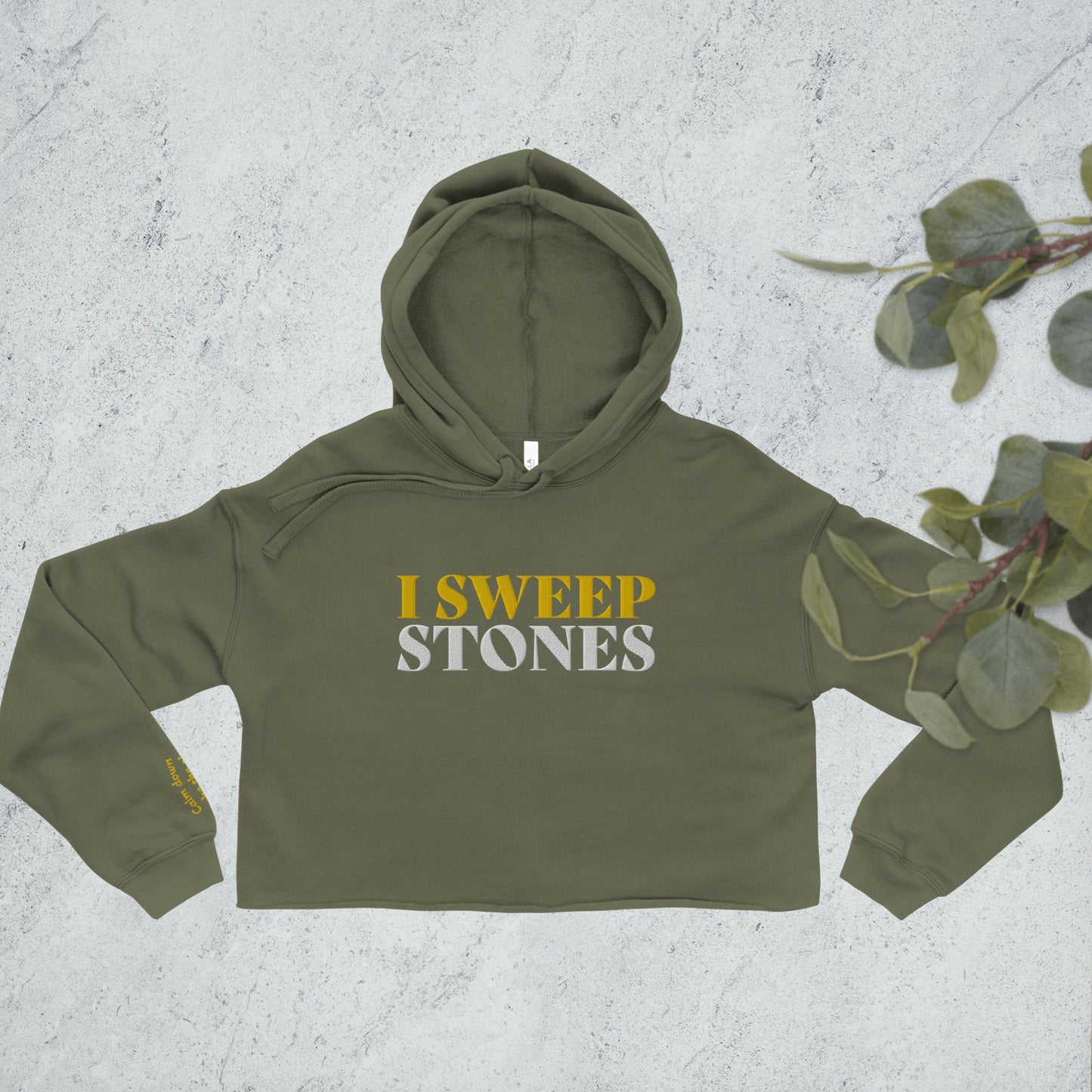Crop Hoodie for Curlers – 'I SWEEP STONES' Front Embroidery & Motivational Quote on Sleeve